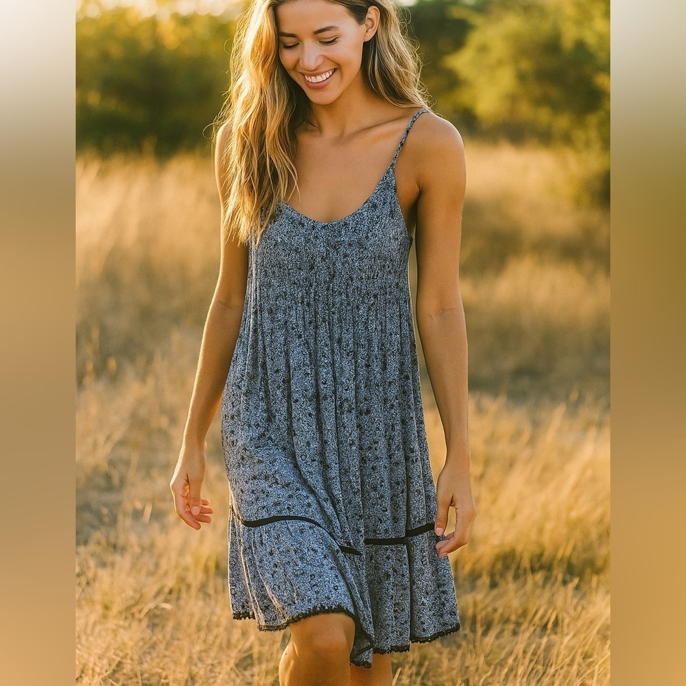 American Eagle Light and Airy Blue Black T Back Scoop Neck Boho Dress Size Small